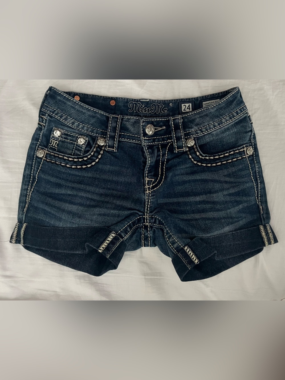 Miss Me Dark Blue Denim Cuffed Shorts with Embellished Pockets